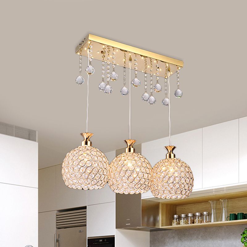 Ball Crystal Encrusted Multi Pendant Contemporary 3 Bulbs Gold Finish Hanging Lighting