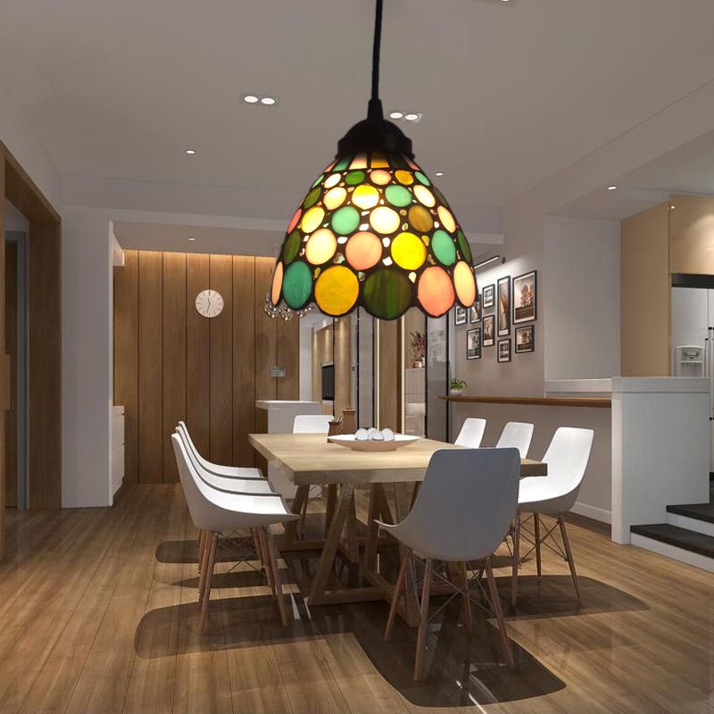 Brass Bell Shade Pendant Light Fixture Baroque 1-Light Handcrafted Stained Glass Drop Lamp