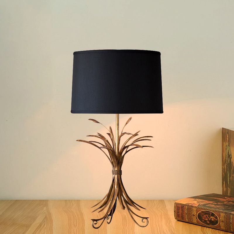 Drum Shade Bedroom Night Table Lighting Rustic Fabric 1-Bulb Black Finish Nightstand Light with Wheat Bunch Base