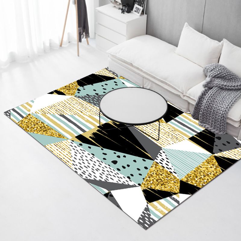 Blue and Yellow Bedroom Rug Modern Color Block Stripe Pattern Area Rug Polyester Stain-Resistant Carpet