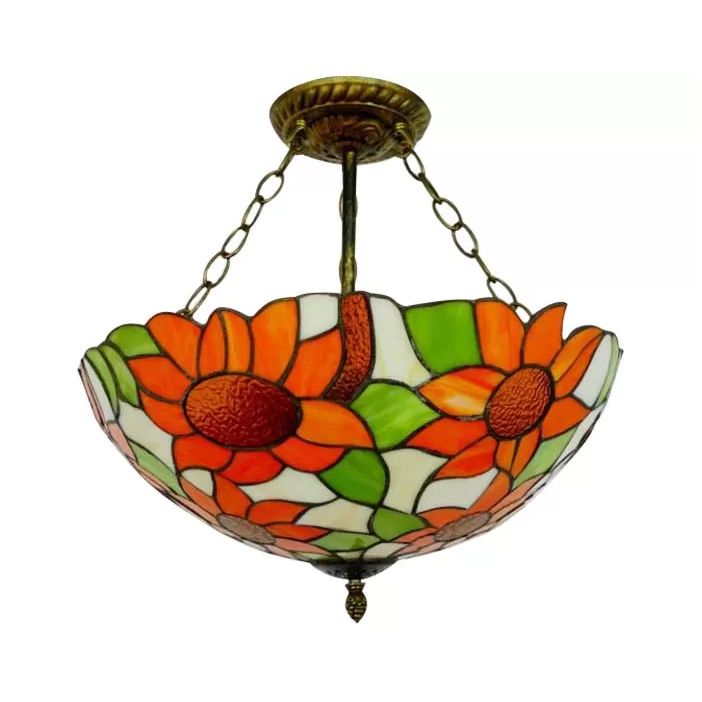 Bedroom Ceiling Light Tiffany, Sunflower Semi Flush Light with Rod and Stained Glass Shade