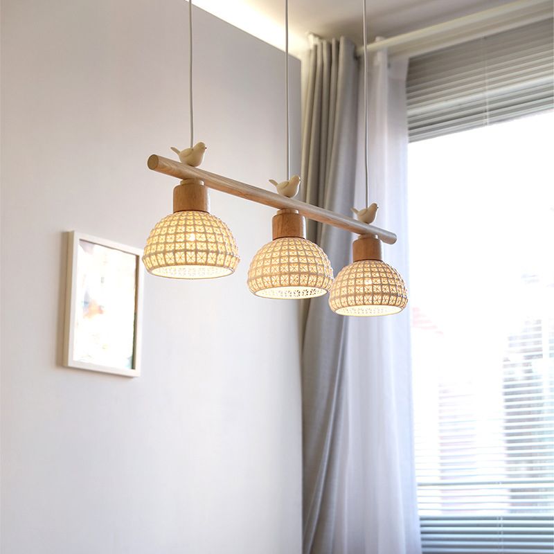 Wooden Island Light Modern Island Hanging Light with Bird Decoration for Dining Room