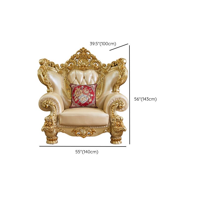 Gold Genuine Leather Sofa Tufted Split-Back Rolled Arm Sofa for Living Room