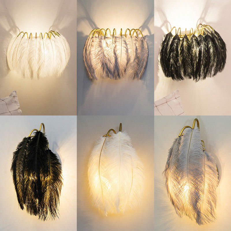 Gold Curved Sconce Lighting Simplicity Single-Bulb Feather Wall Light Fixture for Bedside