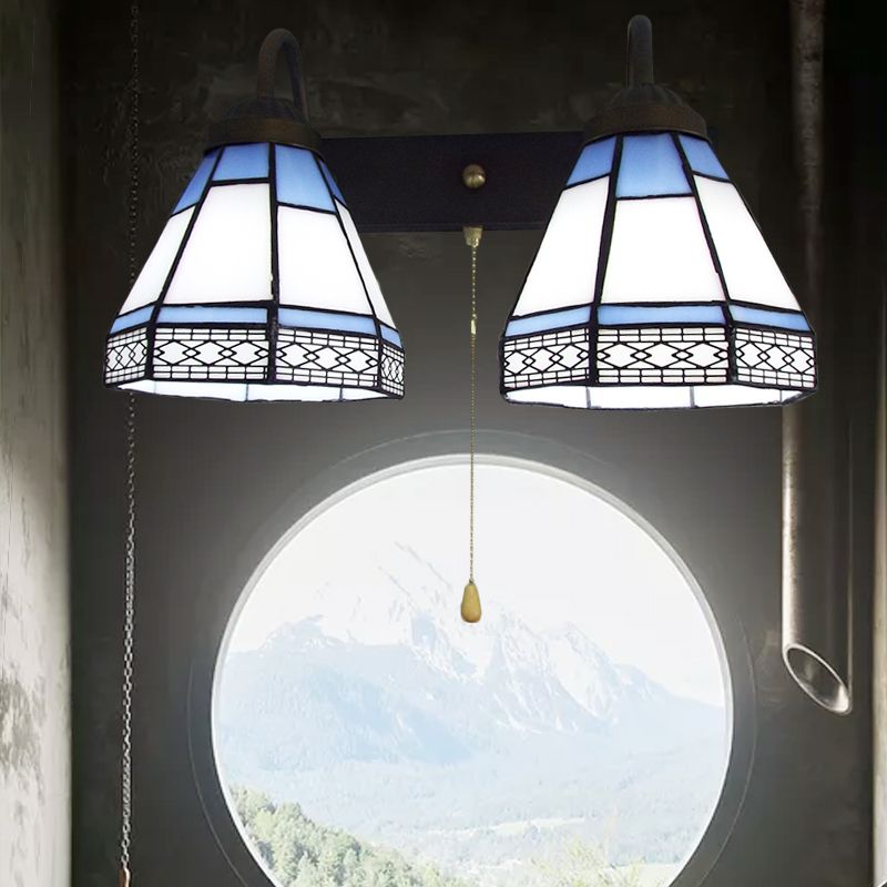 2 Heads Wall Mounted Light Tiffany Conical White Glass Sconce Light with Pull Chain