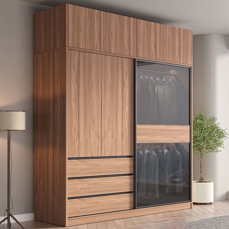Glass and Wood Wardrobe Cabinet Brown Wardrobe Armoire with Garment Rod