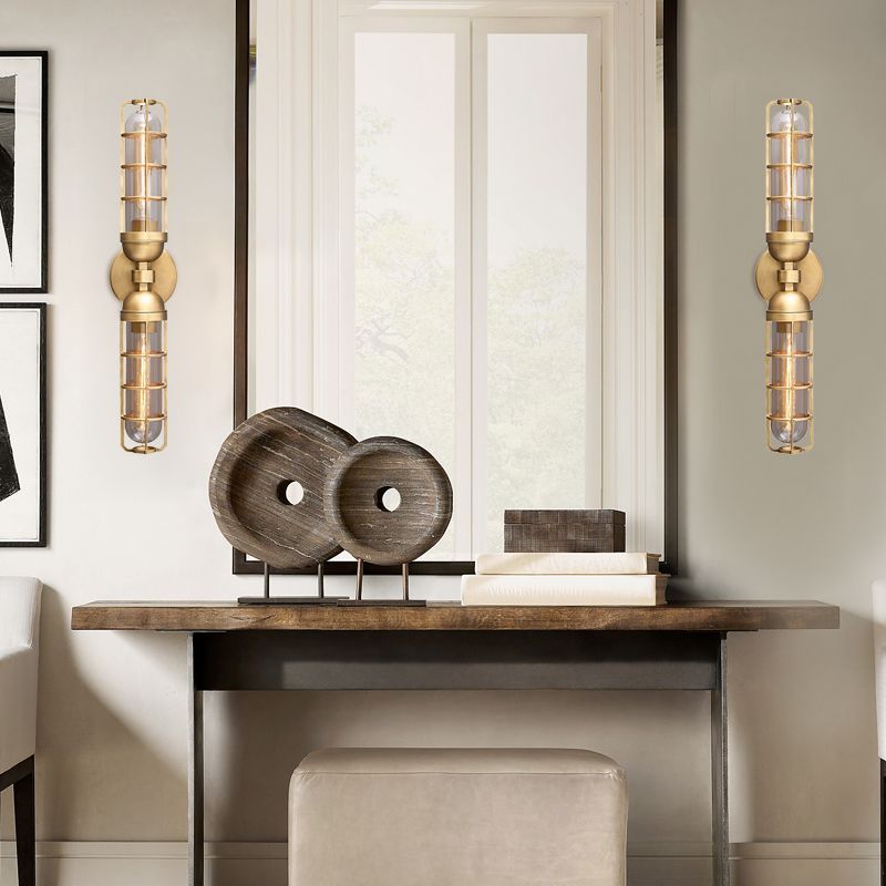 Retro Dual Cylinder Wall Mounted Light 2 Bulbs Clear Glass Sconce Lighting with Gold Metal Frame