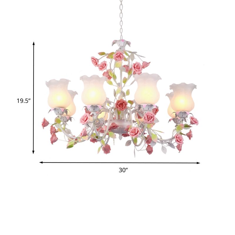 Rose Living Room Ceiling Chandelier Pastoral White Glass 8 Heads Pink Hanging Light Fixture
