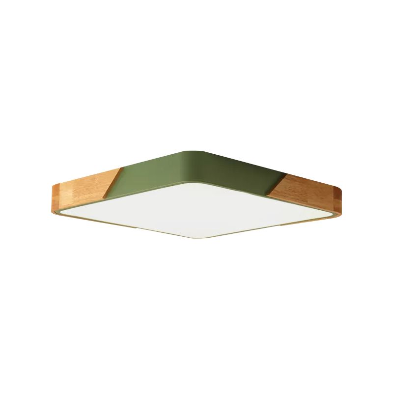 Lámpara de techo cuadrada para dormitorio, iluminación empotrada en verde nórdico con pantalla de madera y acrílico para niños