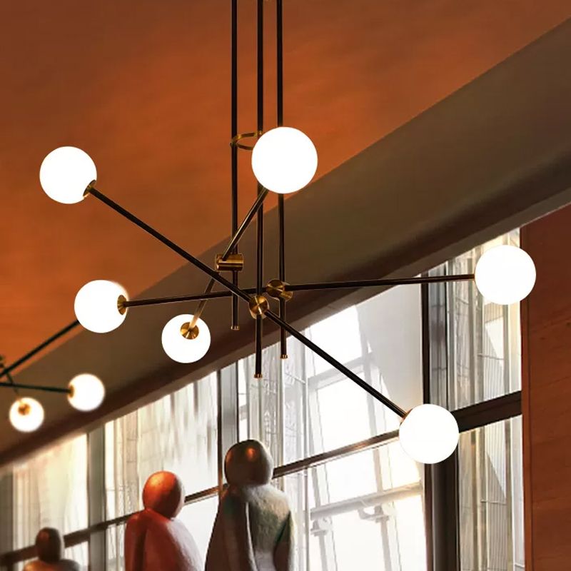 Schwarzer 3-Arm-Kronleuchter-leichter postmoderner 6 Lampenmodelle Deckenanhänger mit Ballmilchglasschatten