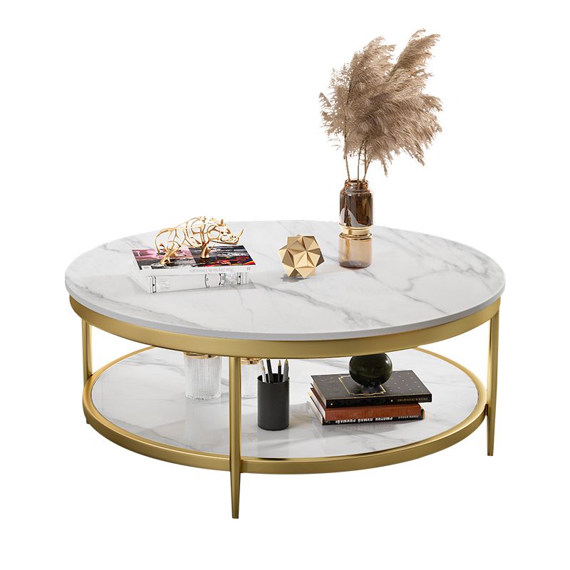 17.7" H Glam Round Slate Coffee Table Metal 4 Legs Cocktail Table with Shelf