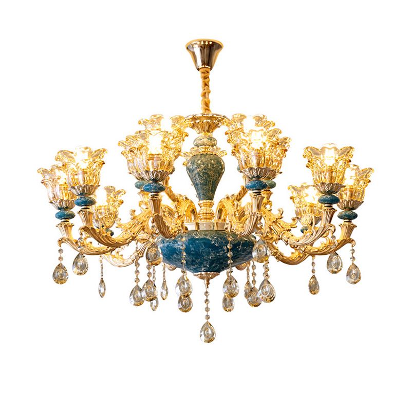 Flared Ruffle Glass Chandelier Pendant Light Vintage Living Room Hanging Light with Hanging Crystal in Gold
