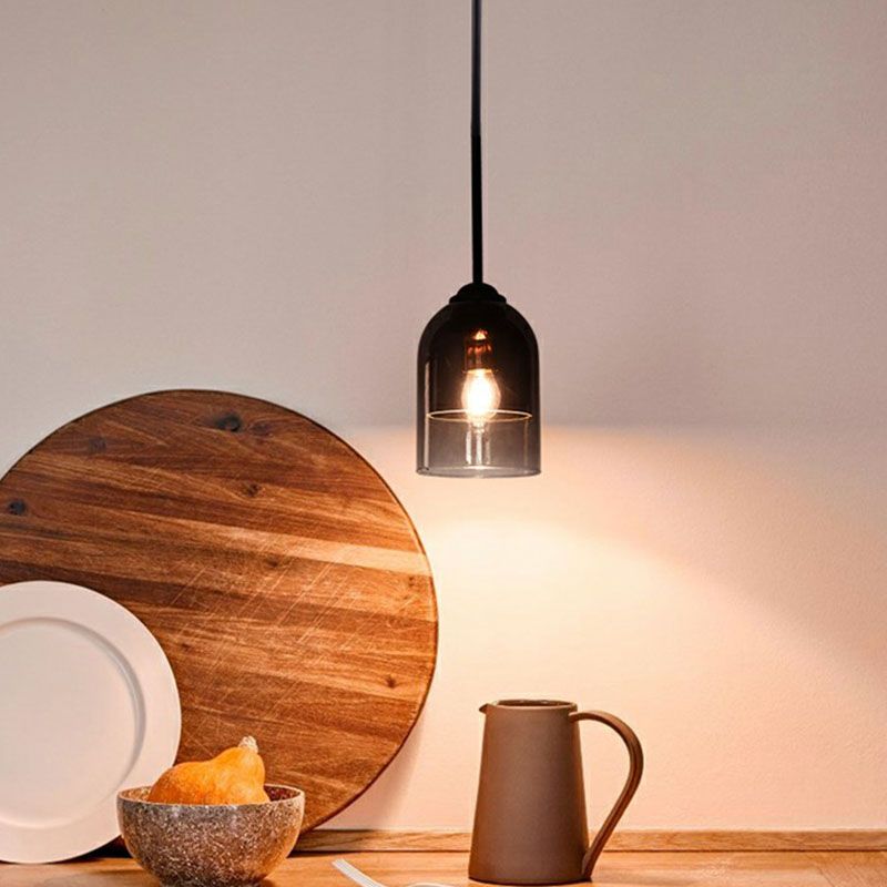 Cloche Smoke Gray Glass Hangluchting Modern 1 kop Zwart Hangende verlichtingsarmatuur
