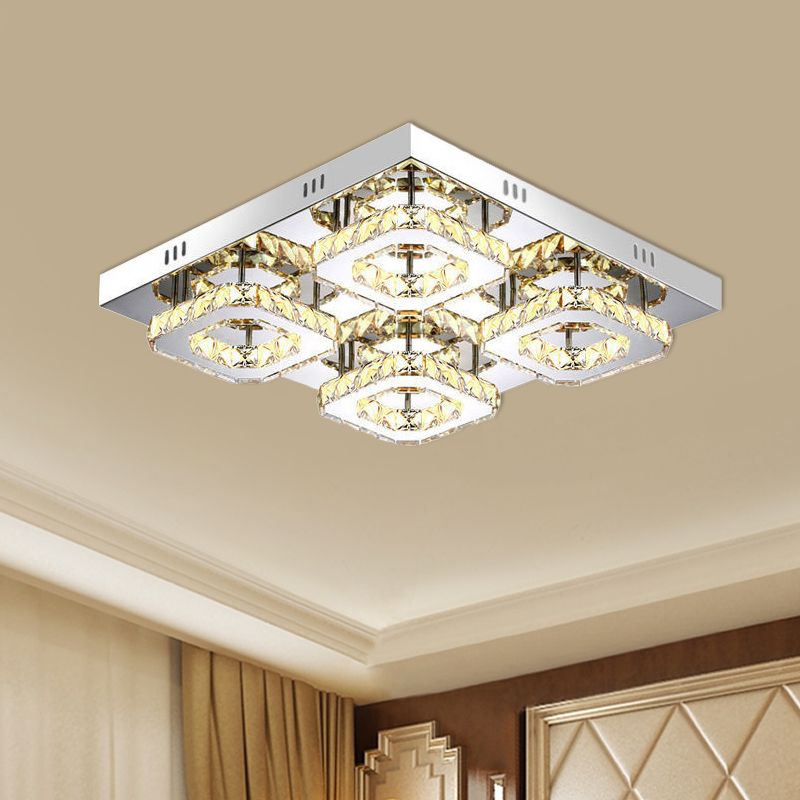 Modernism Squared Semi Flush Light Faceted Crystal LED Restaurant Ceiling Mounted Fixture in Chrome