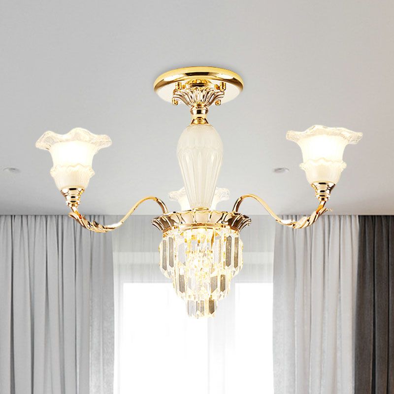 Tapered Crystal Prism Up Chandelier Modern 3/6-Light Bedroom Hanging Lamp with Ruffled Bell Frosted Glass Shade in Gold