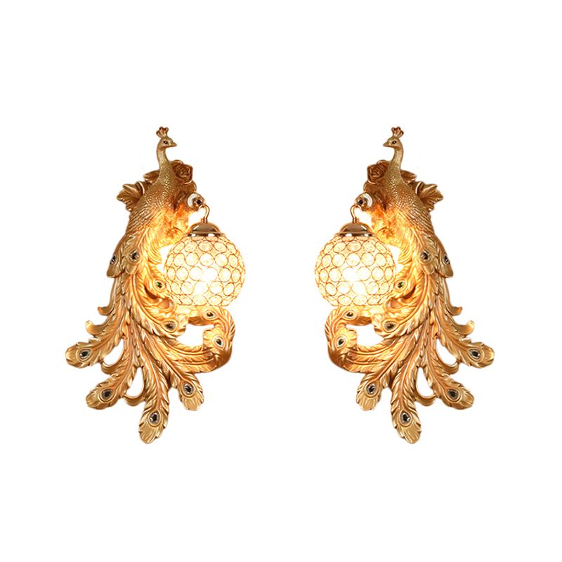 1 Light Blue/Gold Peacock Wall Lamp Country Resin 1/2-Pack Sconce Lighting with Crystal Globe Shade, Double/Right/Left