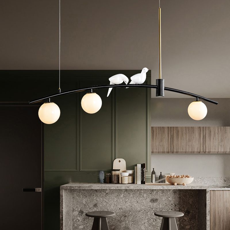 Mini Sfera Milk Glass Isola Lampada moderna a 3 teste sospensione di erraio nero Ciondolo con decorazione per uccelli