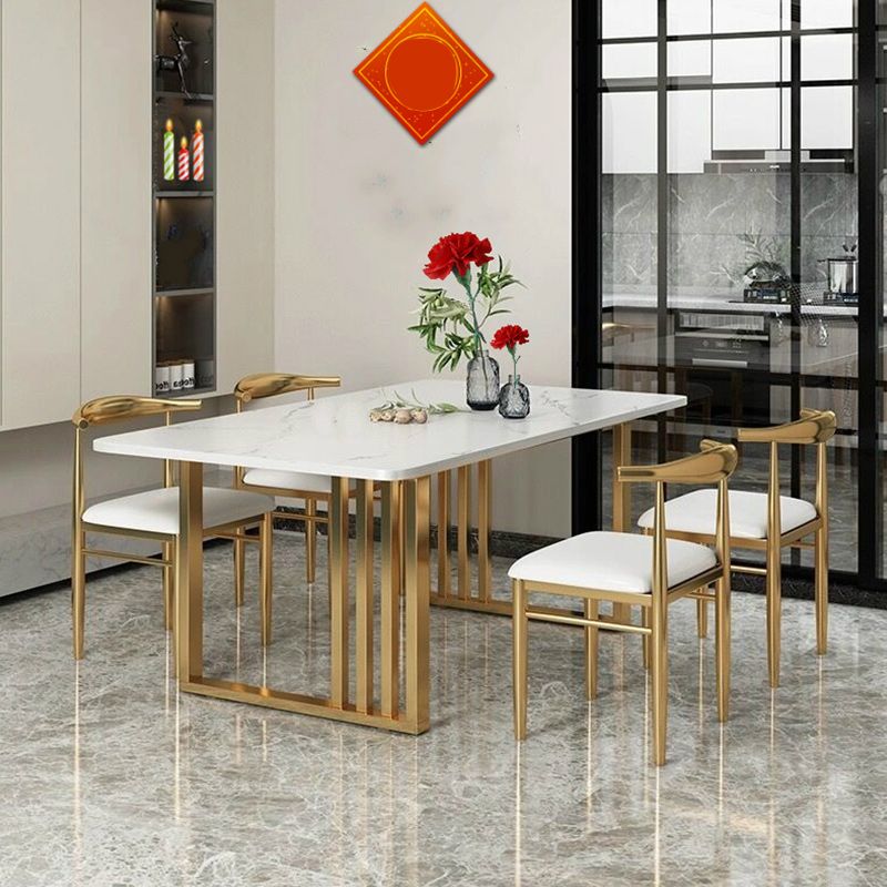 Glam Stone Dining Table Rectangle Iron Table with Double Pedestal Table
