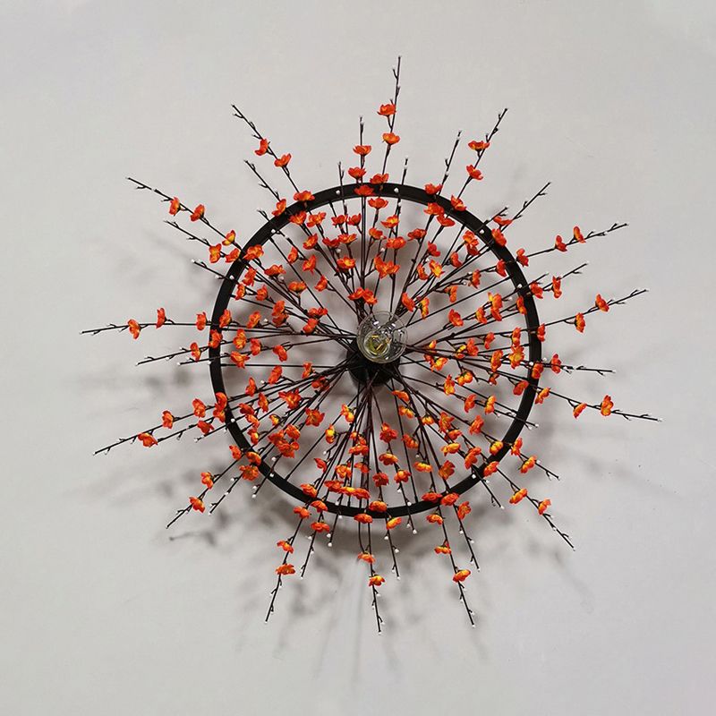 Metal Black Wall Sconce Wheel 1 Bulb Retro LED Wall Mount Light with Plum Blossom Decoration