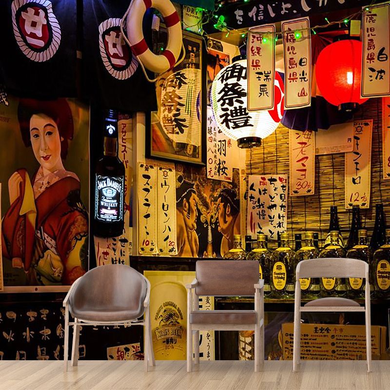 Japanese Poster Mural Wallpaper in Red and Brown, Oriental Wall Covering for Restaurant
