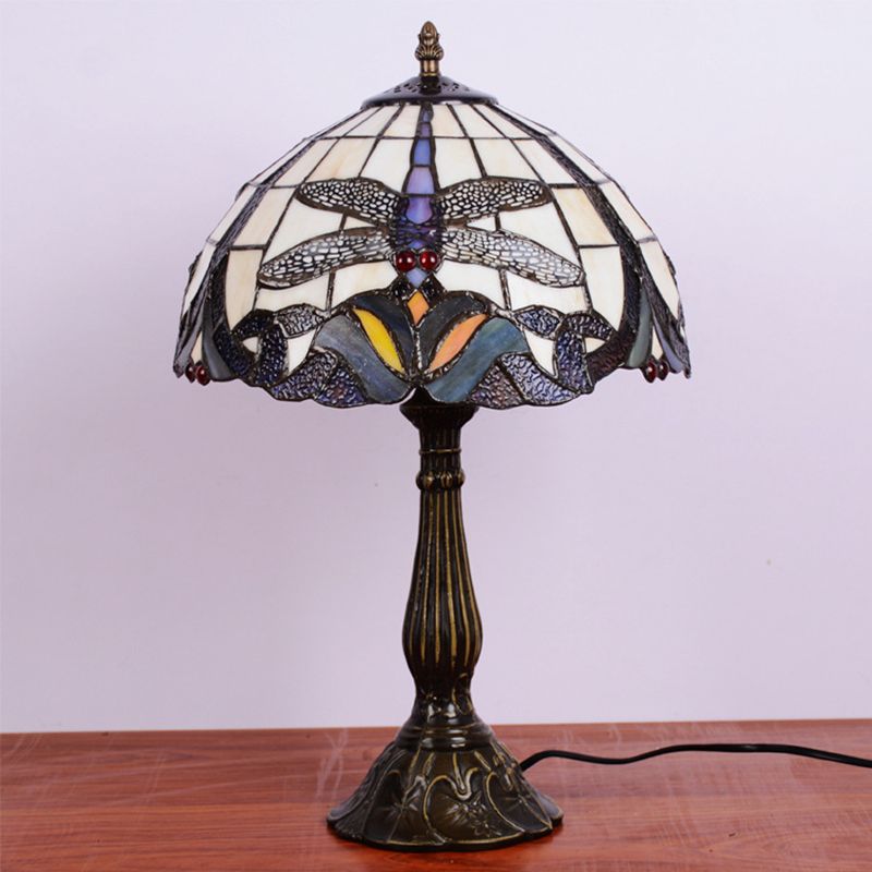 Dragonfly di luce notturno in bronzo in vetro a mano sul fiore 1 lampada da tavolo tiffany per letto