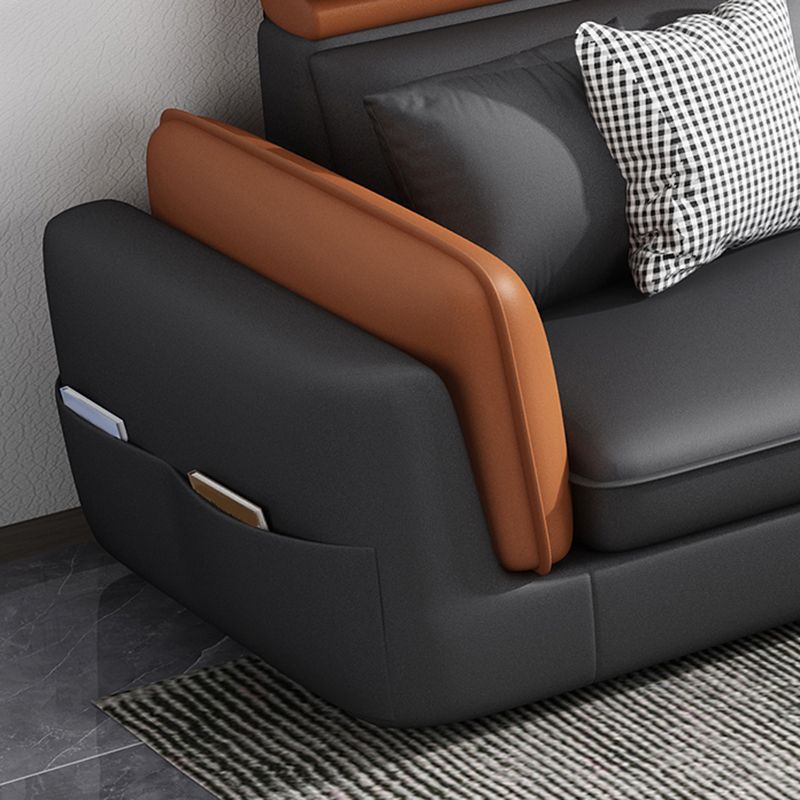 Scandinavian Dark Gray Cushion Back Faux Leather Storage Sofa & Chaise