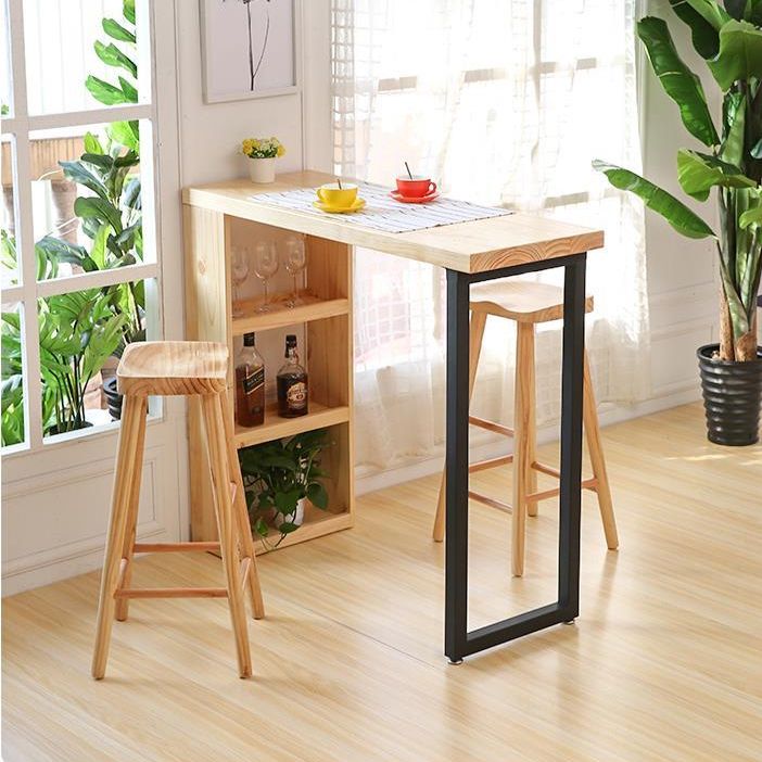 Industrial Pine Wood Bar Dining Table Rectangle Indoor Bistro Table with Shelf