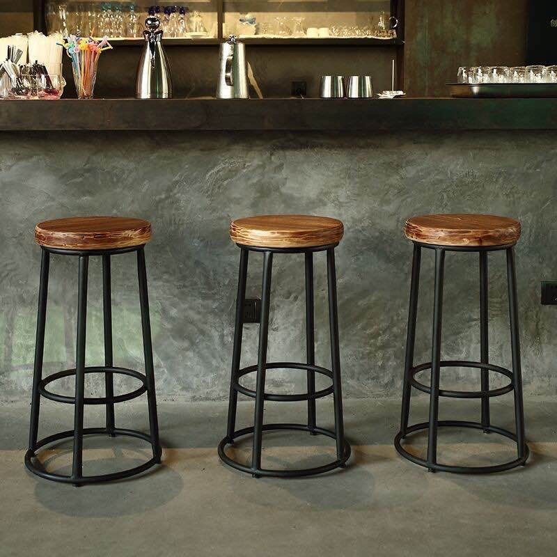 Industrial Round Bar Stools Solid Wood Black Footrest Counter Stool for Shop