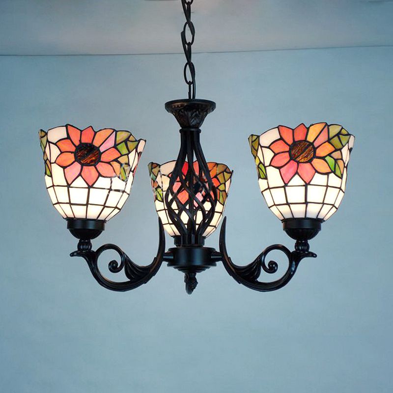 Sunflower Ceiling Chandelier Lodge Rustic 3 Lights Stained Glass Pendant Lighting in Black Finish