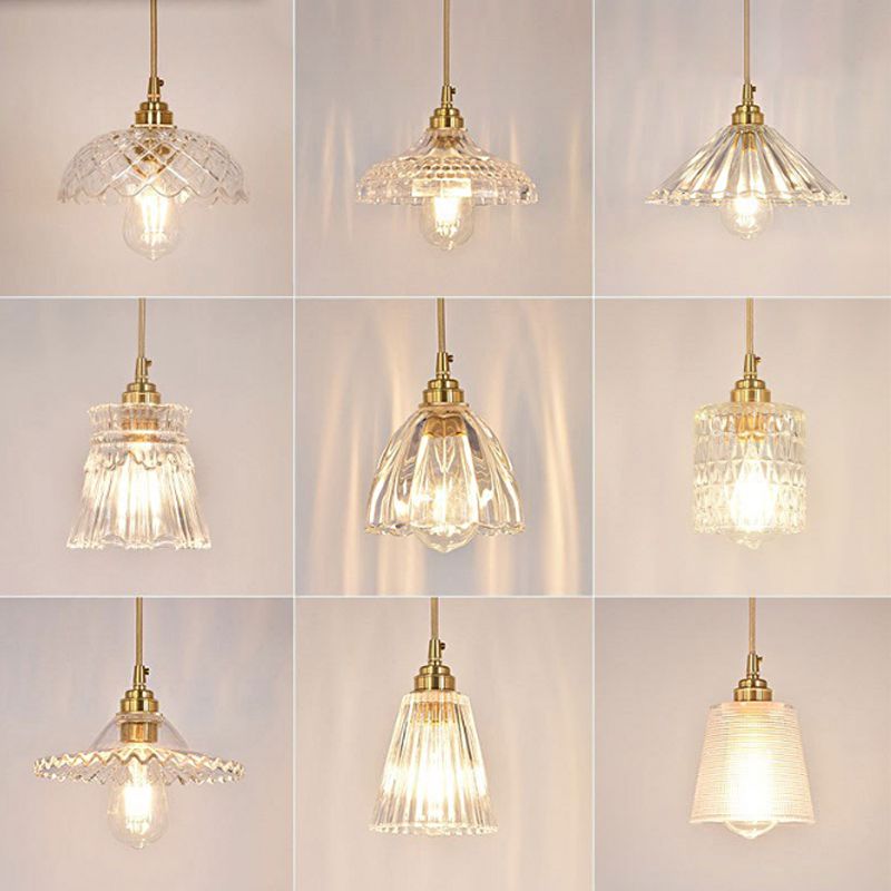 Flower Bud Shade Kitchen Bar Hanging Light Rural Clear Ridged Glass 1 Head Brass Suspension Pendant