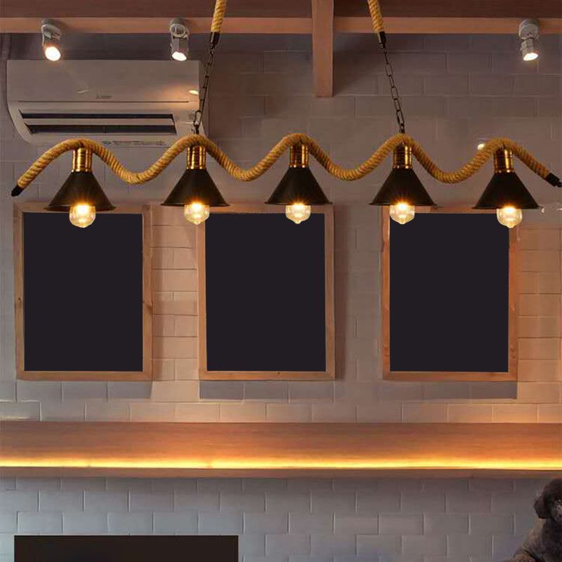 Metal Conical Island Ceiling Light Industrial Style Bar Pendant Lamp with Wavy Hemp Rope in Black