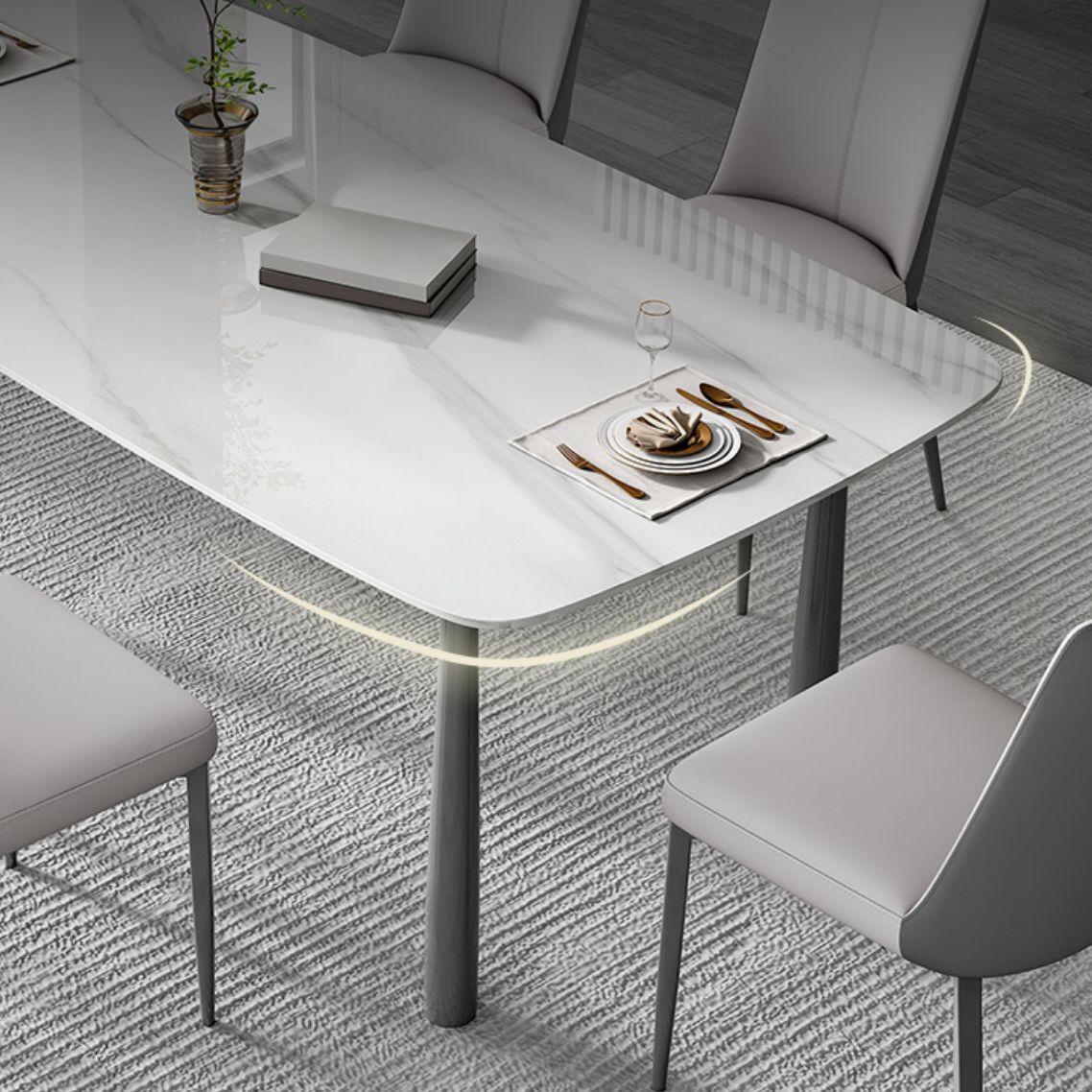 Contemporary Rectangular Stone Dining Table with Stainless Steel Legs