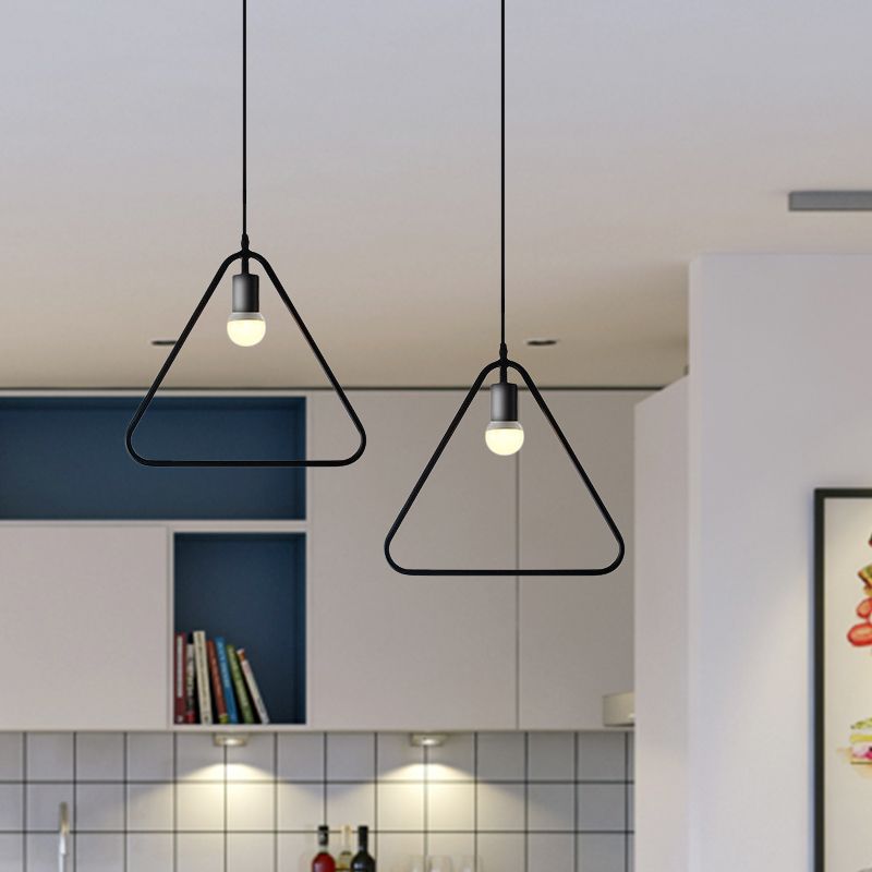 Industrial Triangle/Round Pendant Light 1 Head Metal Ceiling Lighting with Frame Shade in Black for Dining Room