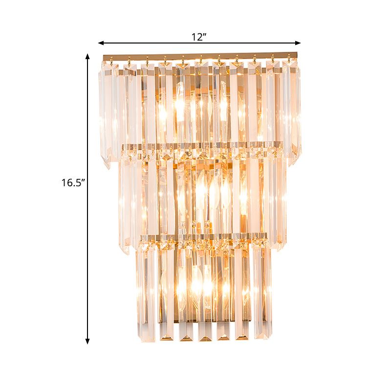 Gold Finish Layered Sconce Lighting Vintage Style 3 Lights Clear Crystal Wall Mount Light for Bedroom