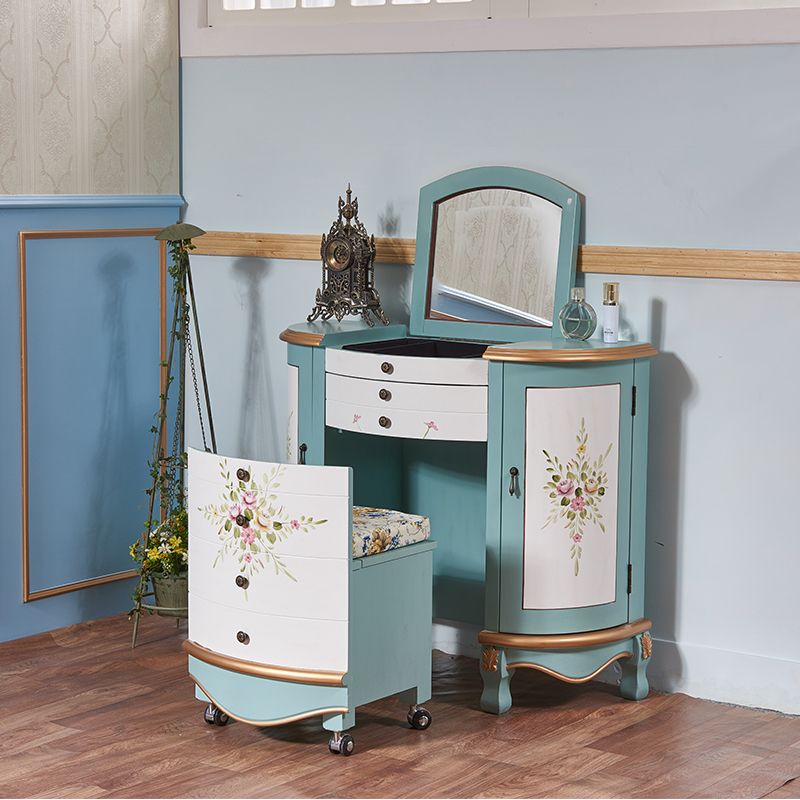 Victorian 1- Drawers Vanity Set with Stool and Mirror Dressing Table