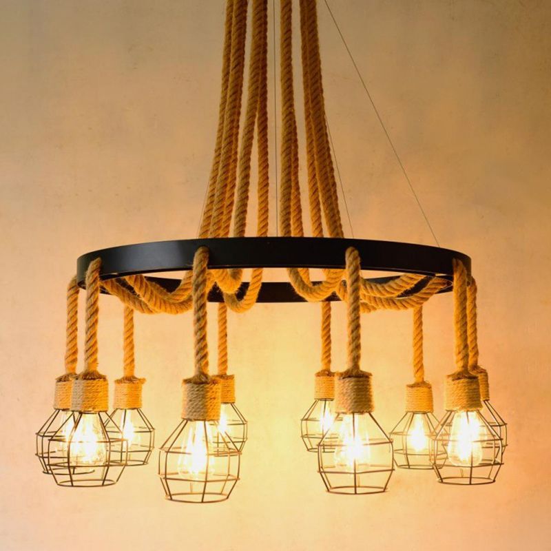 Grenade Metallic Ceiling Lighting Retro Style Restaurant Chandelier Light Fixture with Hemp Rope in Black