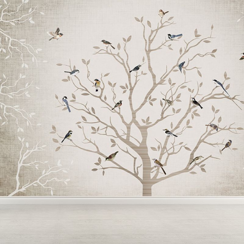 Non-Woven Whole Grey Mural Modern Bare Tree with Birds Wall Covering, Made to Measure