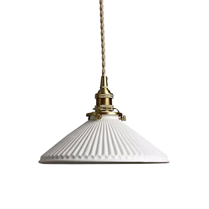 Stile industriale Luce a sospensione conica con design a coste 1 Light Ceramics lampada appesa in bianco