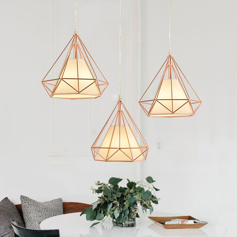 Rose Gold Diamond Cage Ceiling Light Macaron Style Metal and Fabric 1 Light Coffee Shop Pendant Lighting