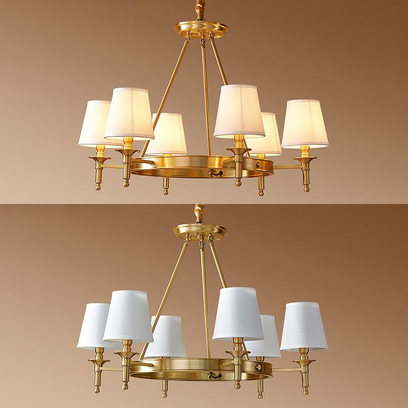 Post-Modern Wagon Wheel Hanging Chandelier Light White Linen Shade Ceiling Chandelier in Gold for Dining Table