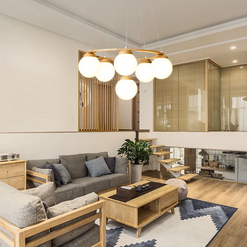 Wooden Circle Chandelier Nordic Style Hanging Light with Ball White Glass Shade