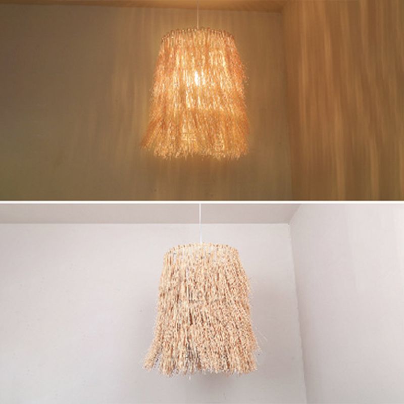Tassel Pendant Lighting Asian Inspired Rattan 1 Bulb Dining Room Hanging Lamp in Beige