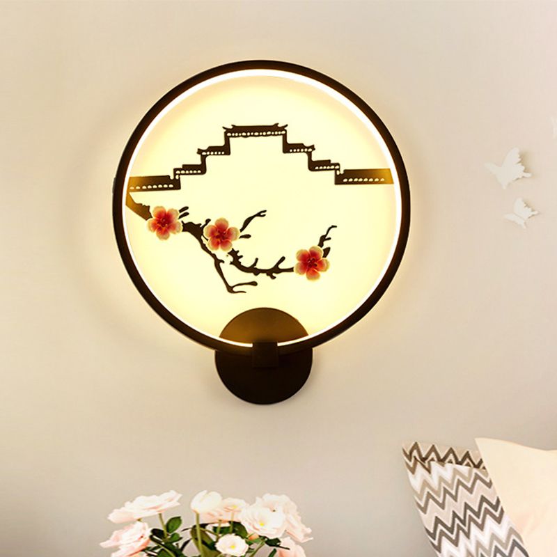 Chinese Plum Flower Mural Lamp Ceramic Bedside LED Wall Lighting with Ring in Black