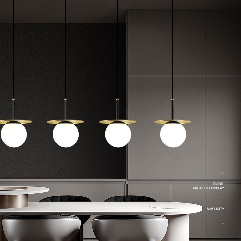 7" Wide White Glass Globe Mini Hanging Light with Round Metal Sheet Decoration Post-modern Style Simplicity Lighting Pendant in Gold