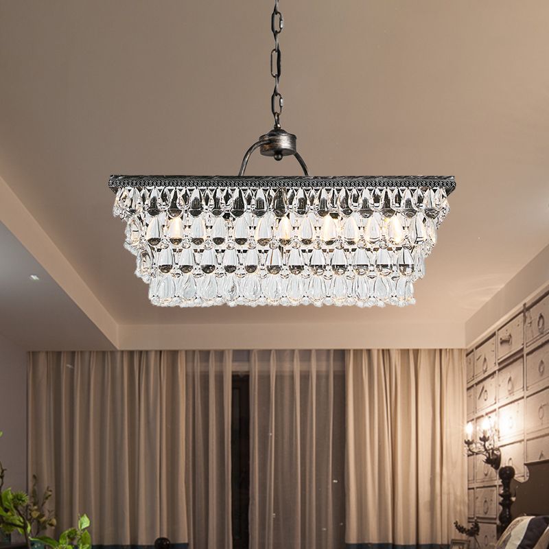 Silver Rectangle Hanging Ceiling Light Modernism Teardrop Crystal 4/6 Heads Living Room Island Light