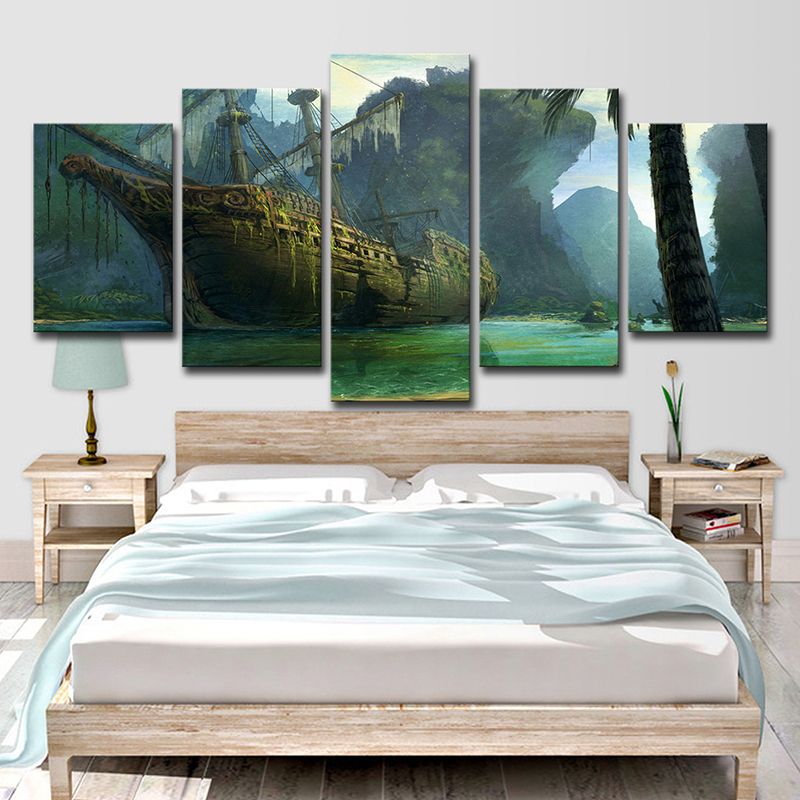 Green Shabby Sailboat Canvas Print Fantasy Kids Style Multi-Piece Wall Art for Home