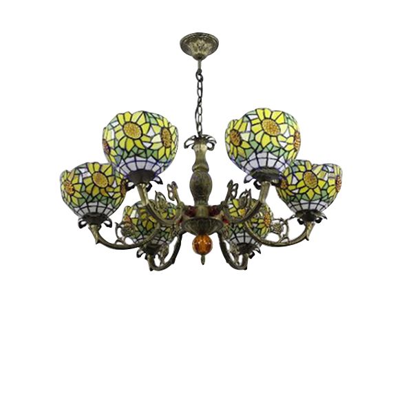 6 Lights Sunflower Hanging Light Tiffany Style Stained Glass Chandelier Lighting for Bedroom