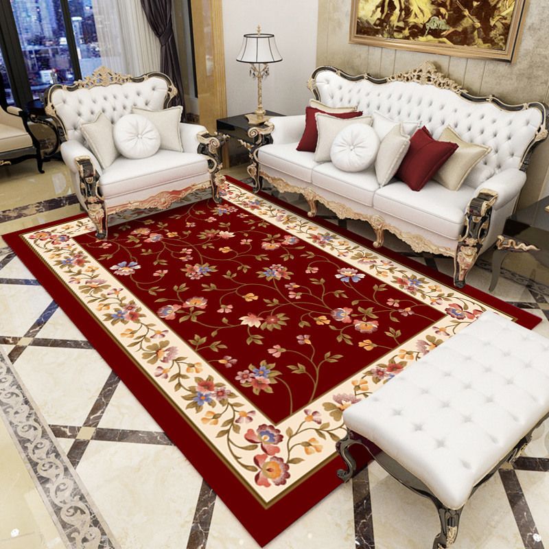 European Living Room Area Carpet Floral Pattern Polyester Area Rug Anti-Slip Easy Care Rug