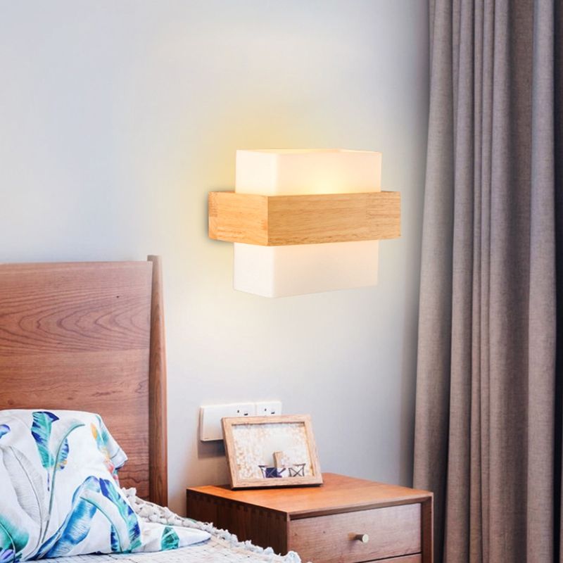Modern Wood Wall Sconce Rectangle Shape Wall Light with Glass Shade for Living Room
