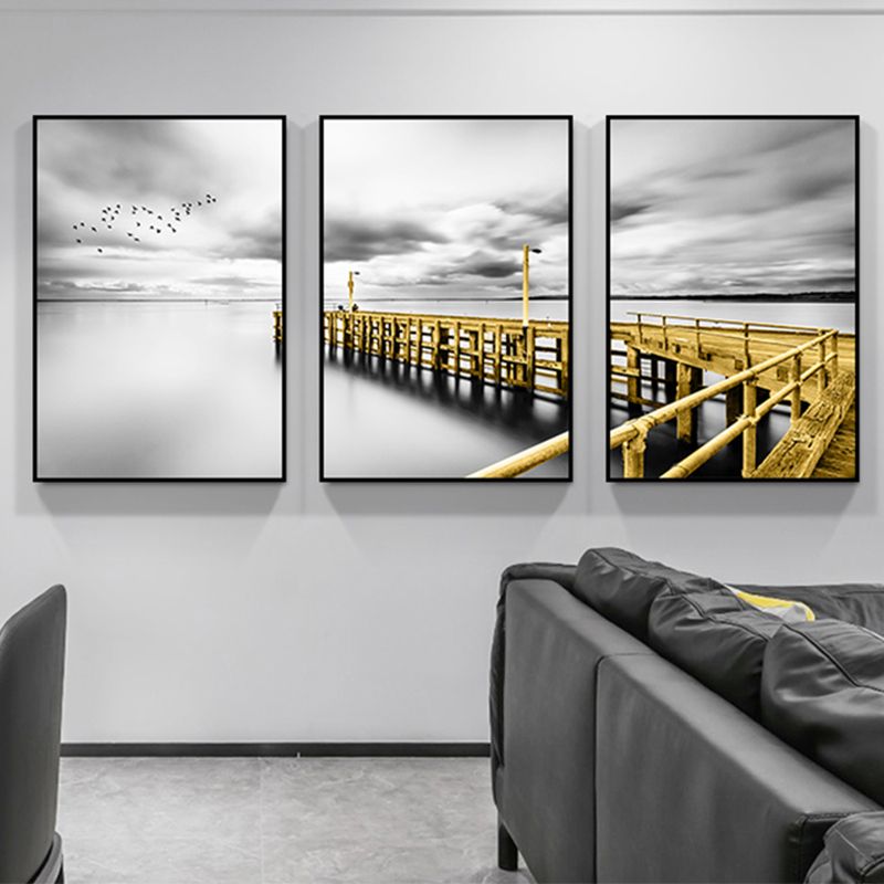 Photography Sea Bridge Wall Art Grey and Gold Modernism Canvas Print for Dining Room